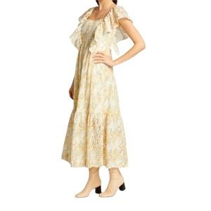 EN SAISON Eyelet Flutter‎ Sleeve Midi-Dress yellow floral detail, Size Small
